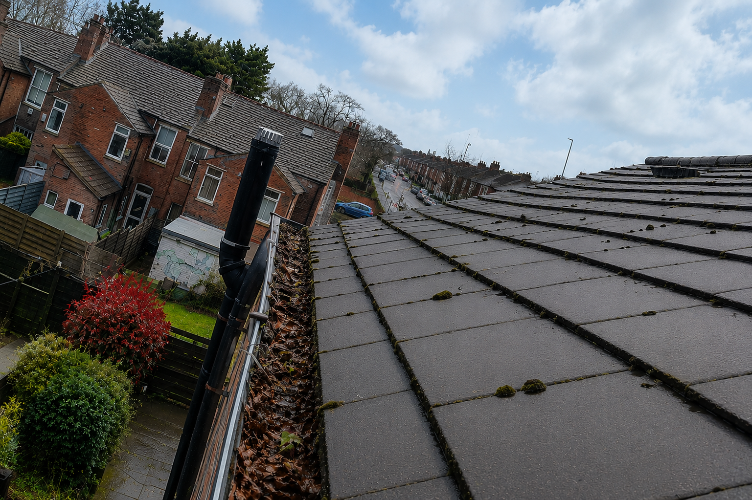 Before gutter cleaning Birmingham — blocked channel with compacted debris and moss